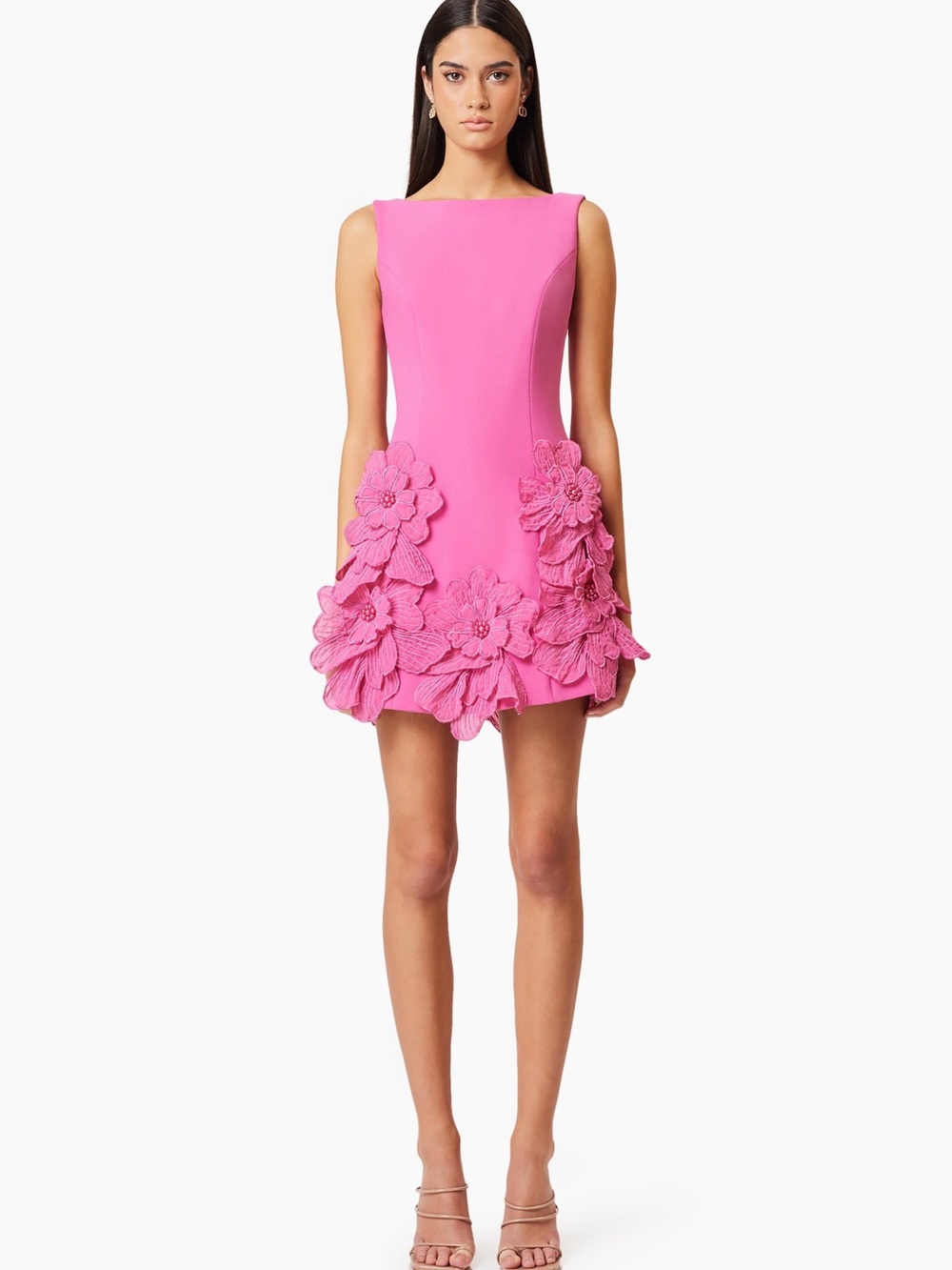 Sleeveless Hot Pink Floral Appliqué Mini Dress